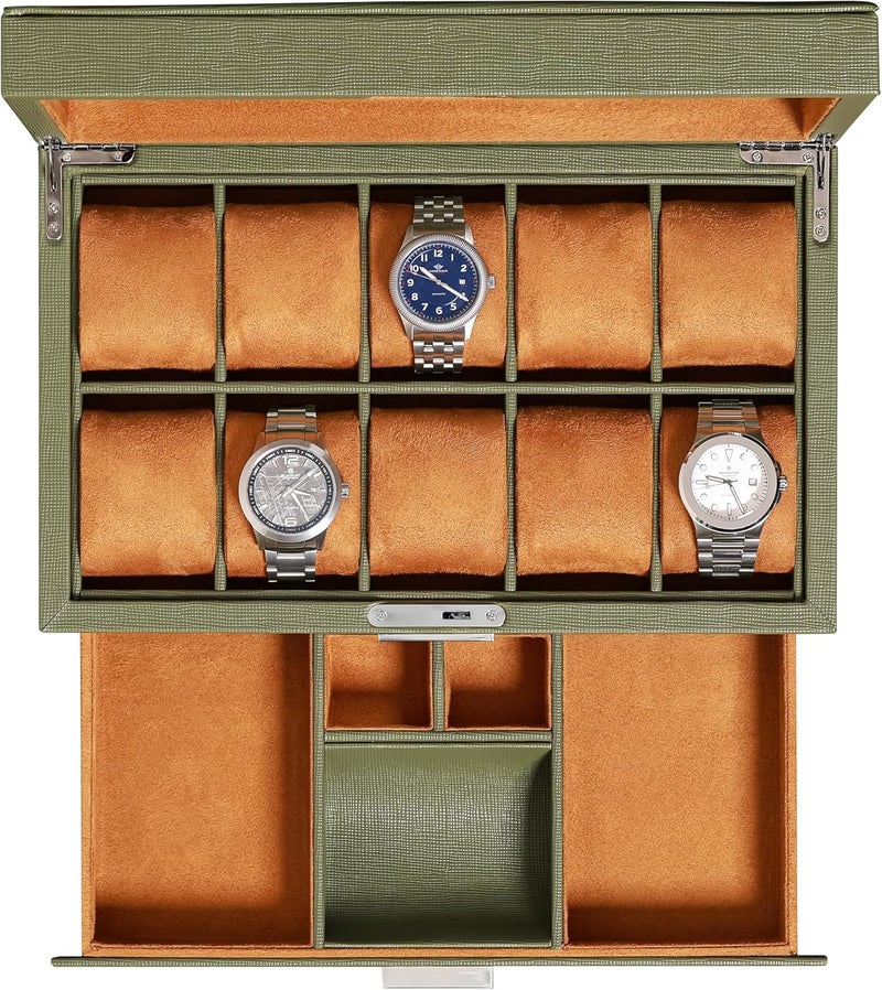 ROTHWELL 10-Slot Watch Box in Leather with Valet Drawer, Luxury Watch Case Display Organizer with Ultra Soft Microsuede Liner, Jewelry and Sunglass Holder With Large Glass top (Green/Tan) - Image 1